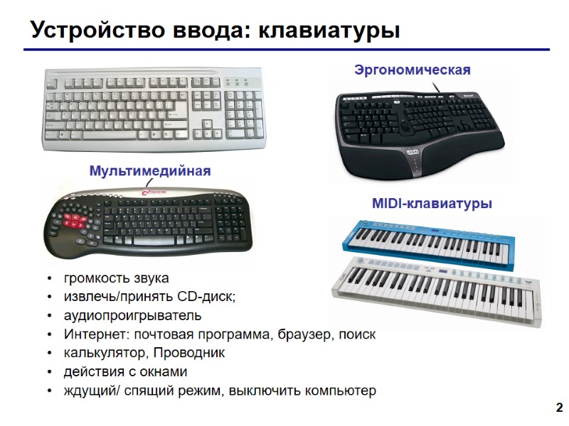 2 Устройство ввода: клавиатуры MIDI-клавиатуры Эргономическая Мультимедийная громкость звука извлечь/принять CD-диск;  аудиопроигрыватель Интернет: